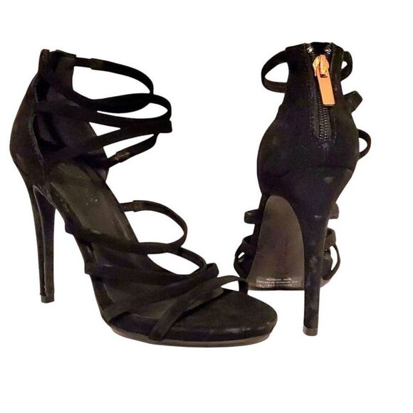 ANNE MICHELLE NEWBEE women's black suede strappy caged open toe high heels 7 - Picture 2 of 6